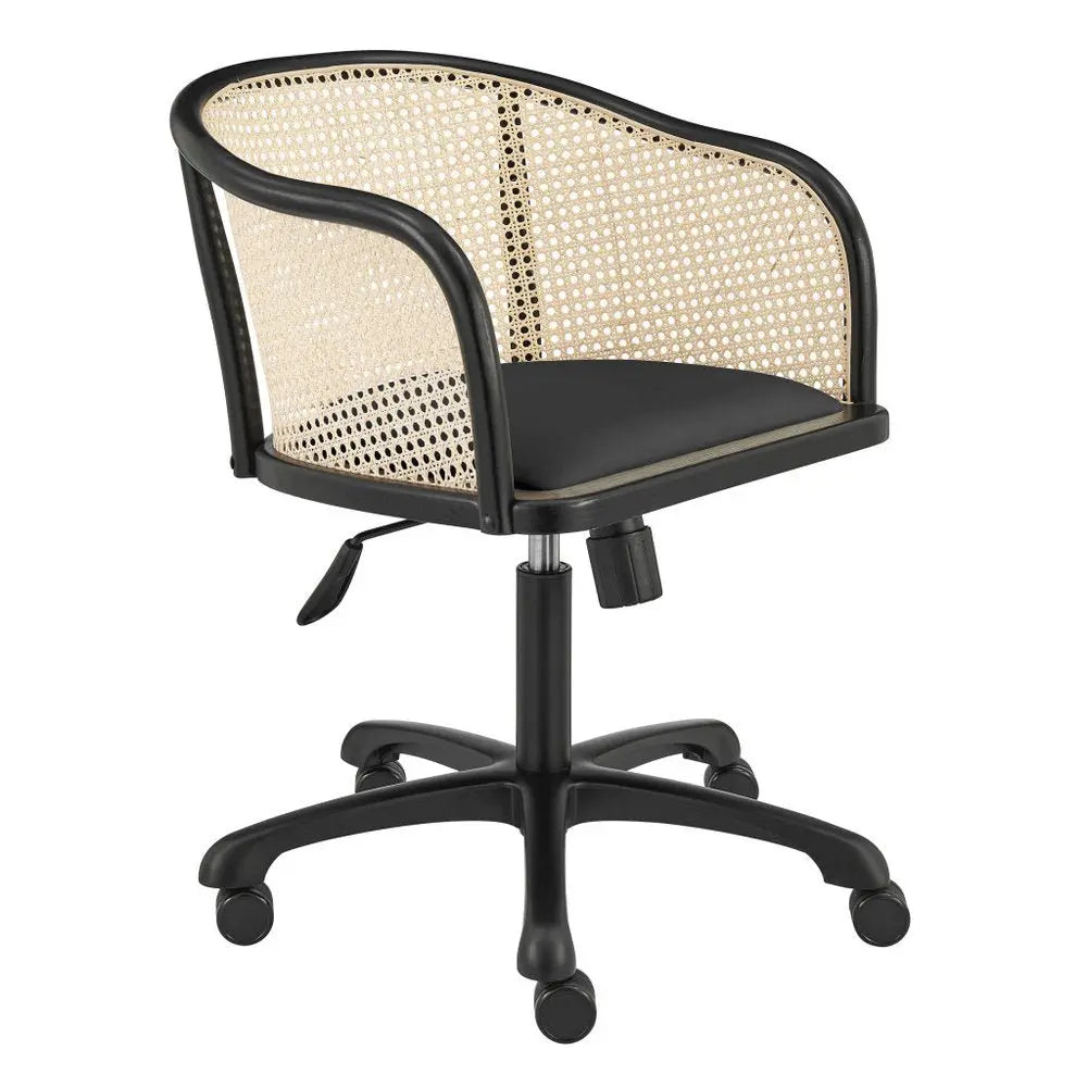 Beige and Black Solid Wood Steel And Cane Rattan Adjustable Swivel Rolling Office Chair - NOBLE HOME INTERIORS