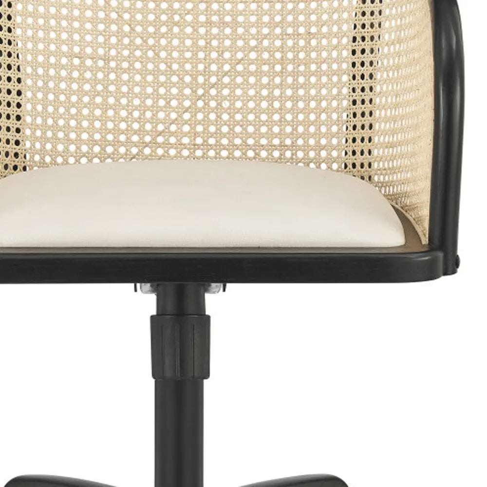 Beige and Black Solid Wood Steel And Cane Rattan Adjustable Swivel Rolling Office Chair - NOBLE HOME INTERIORS