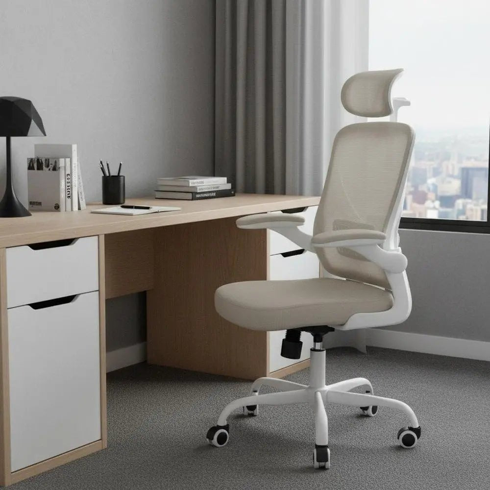 Beige White and Black Adjustable Height Swivel Rolling Office Chair - NOBLE HOME INTERIORS