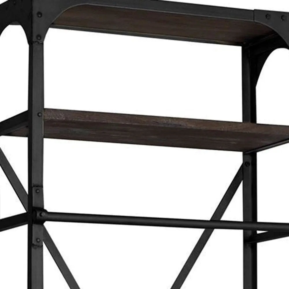 Black Iron and Solid Wood Five Tier Bookcase with Two Drawers - NOBLE HOME INTERIORS