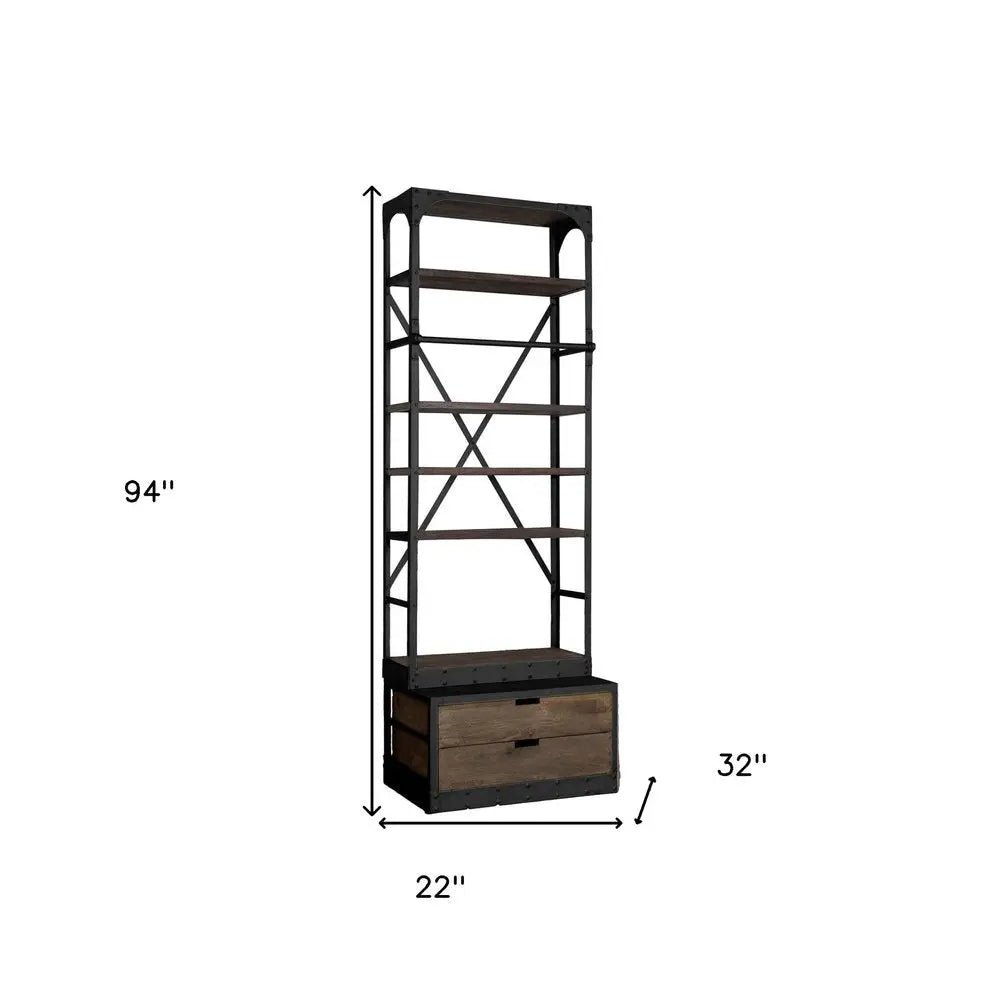 Black Iron and Solid Wood Five Tier Bookcase with Two Drawers - NOBLE HOME INTERIORS