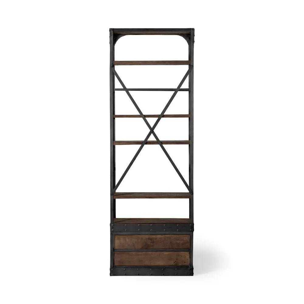 Black Iron and Solid Wood Five Tier Bookcase with Two Drawers - NOBLE HOME INTERIORS