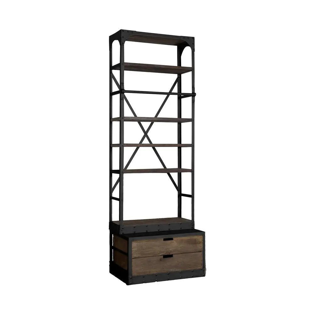 Black Iron and Solid Wood Five Tier Bookcase with Two Drawers - NOBLE HOME INTERIORS