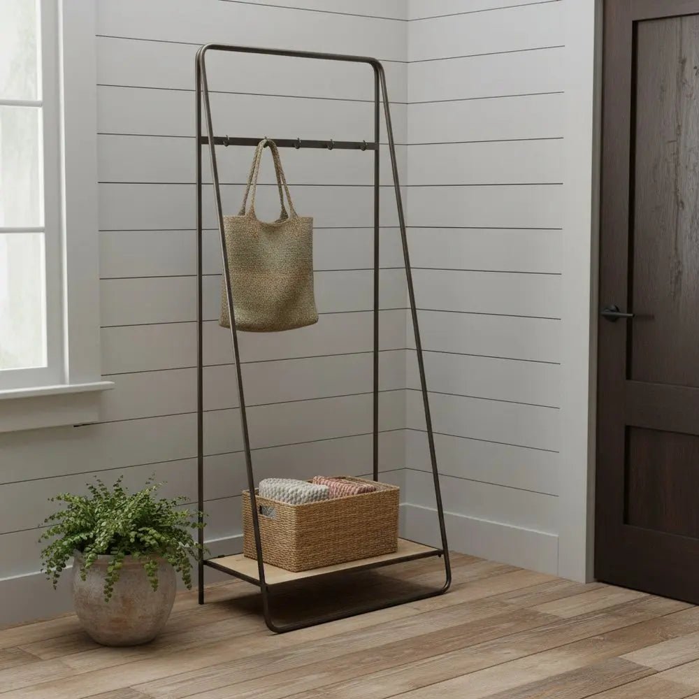 Black Pipe Metal And Wood Shelf Hall Tree - NOBLE HOME INTERIORS