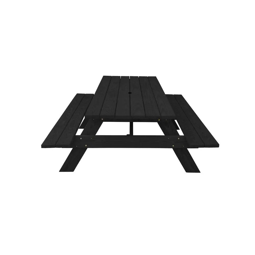 Black Solid Wood Dining Set with Two Benches With Umbrella Hole - NOBLE HOME INTERIORS