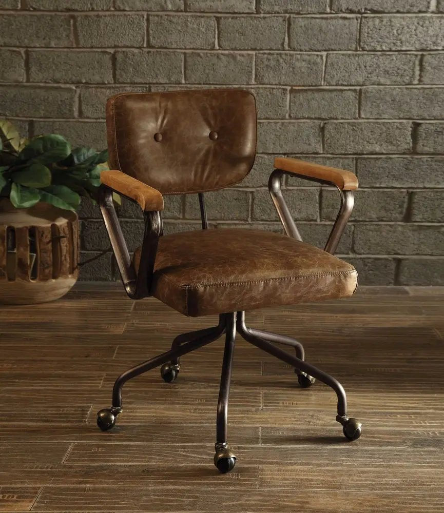 Brown and Black Swivel Faux Leather Rolling Office Chair - NOBLE HOME INTERIORS