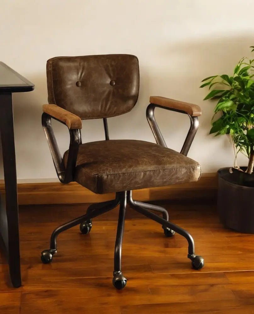 Brown and Black Swivel Faux Leather Rolling Office Chair - NOBLE HOME INTERIORS