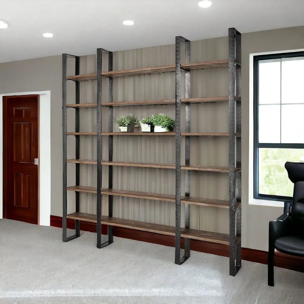 Brown Iron and Solid Wood Six Tier Bookcase - NOBLE HOME INTERIORS