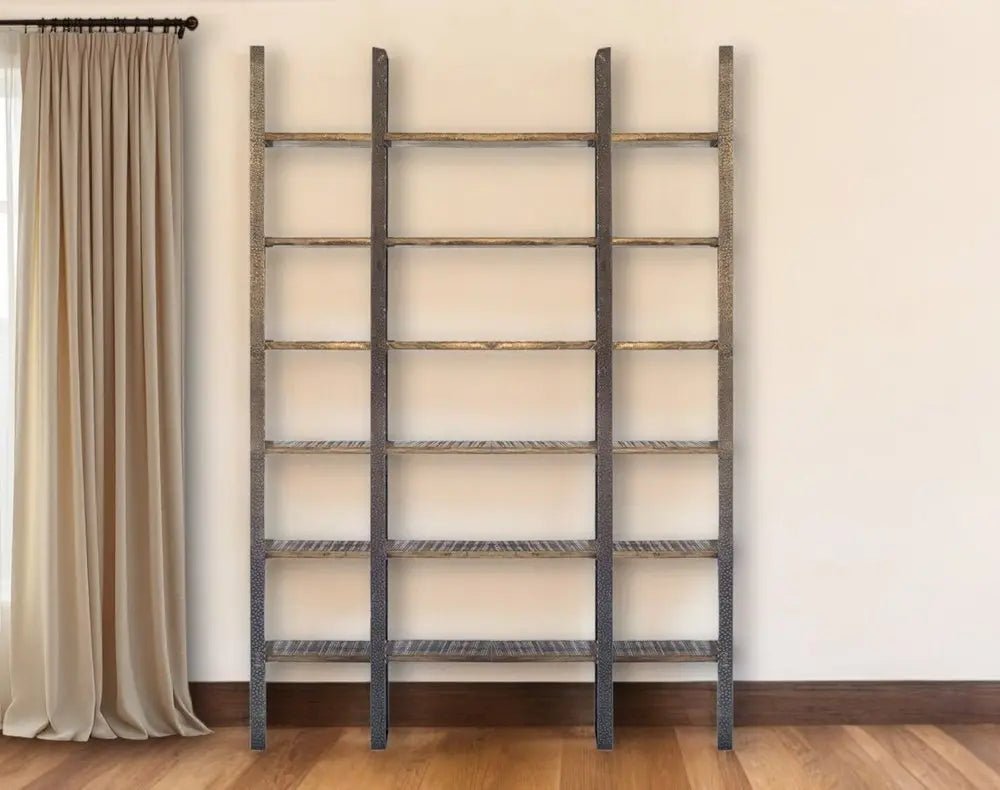 Brown Iron and Solid Wood Six Tier Bookcase - NOBLE HOME INTERIORS