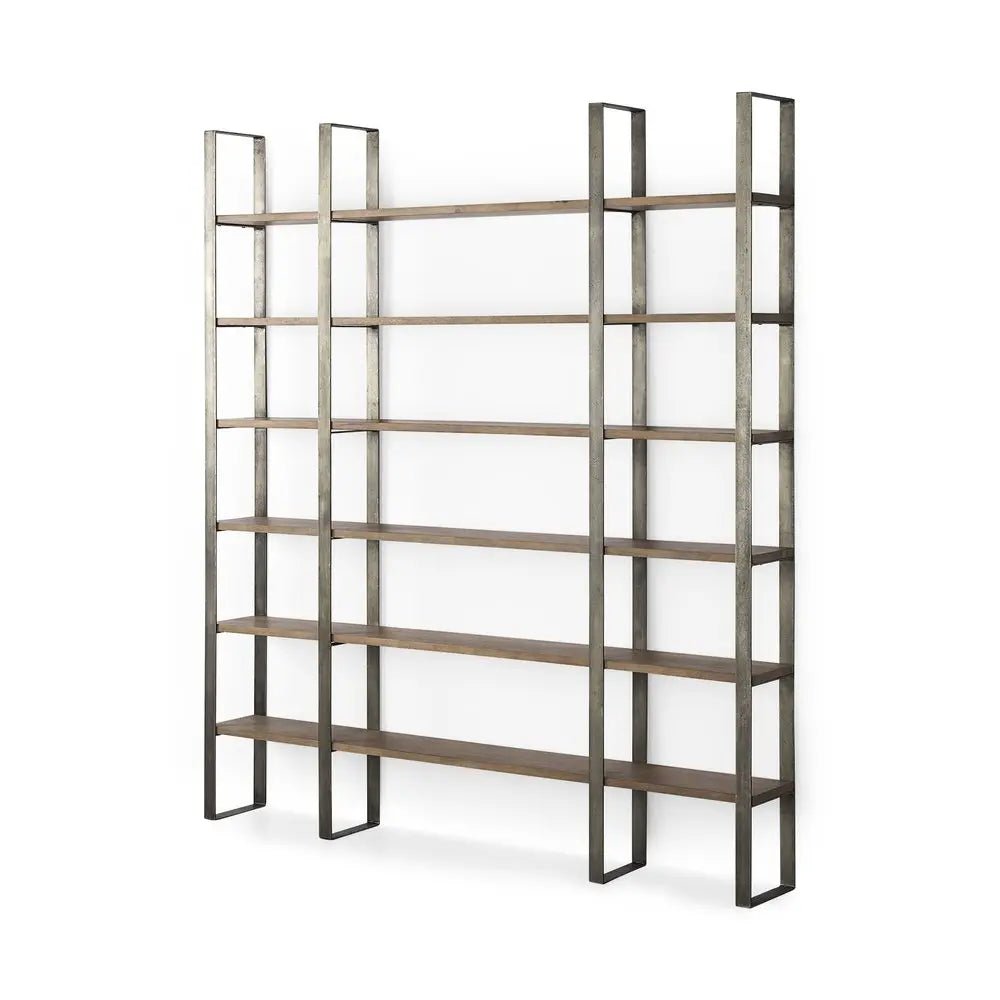 Brown Nickel and Solid Wood Six Tier Bookcase - NOBLE HOME INTERIORS