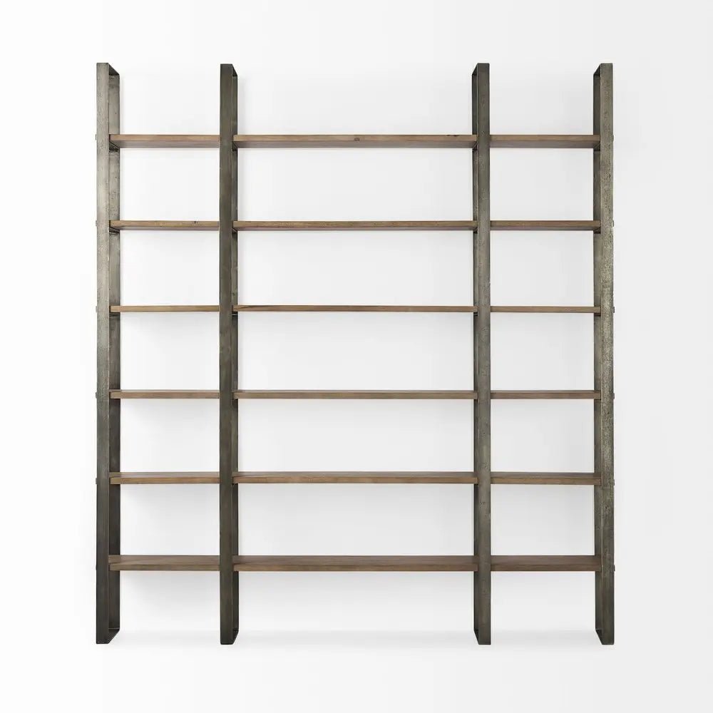 Brown Nickel and Solid Wood Six Tier Bookcase - NOBLE HOME INTERIORS