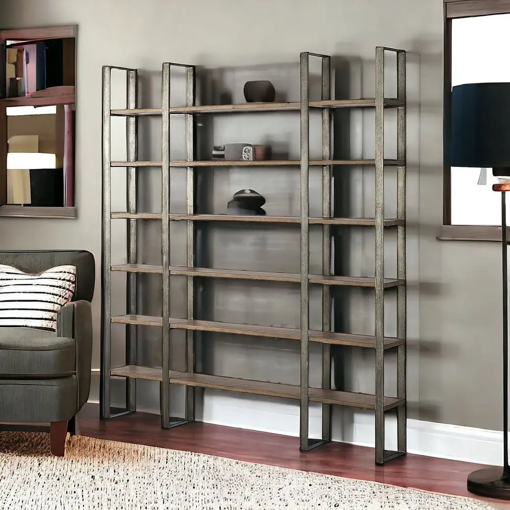 Brown Nickel and Solid Wood Six Tier Bookcase - NOBLE HOME INTERIORS