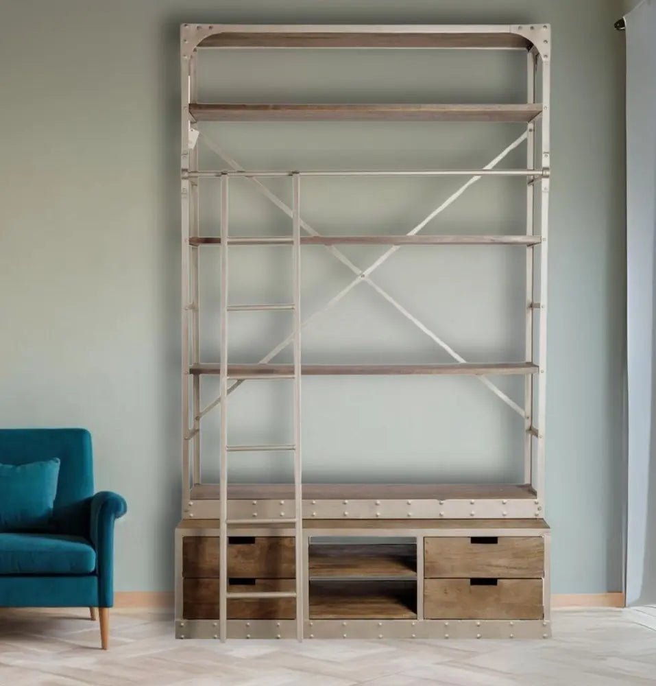 Brown Nickel and Solid Wood Six Tier Bookcase with Four Drawers - NOBLE HOME INTERIORS