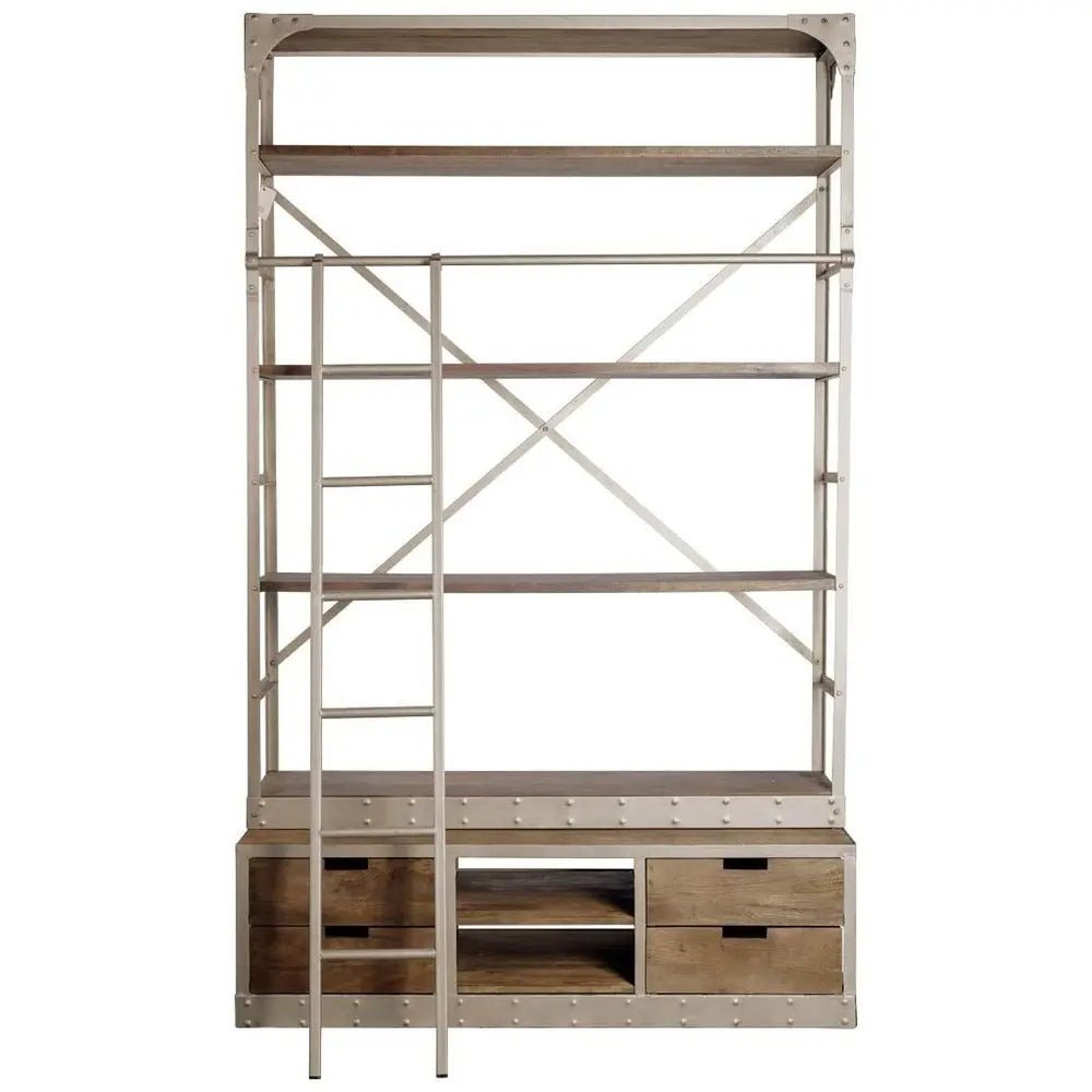 Brown Nickel and Solid Wood Six Tier Bookcase with Four Drawers - NOBLE HOME INTERIORS