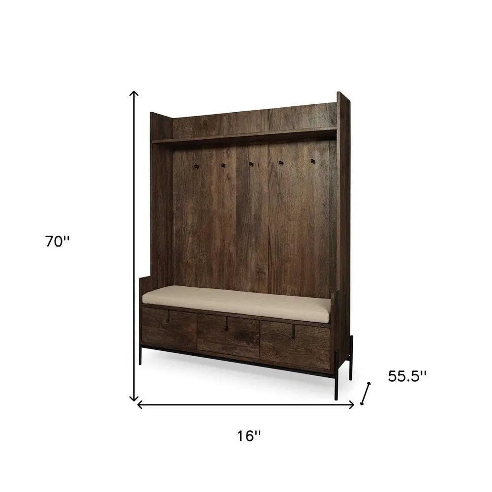 Brown Wood Cream Fabric Wrapped Seat Hall Tree With Storage - NOBLE HOME INTERIORS