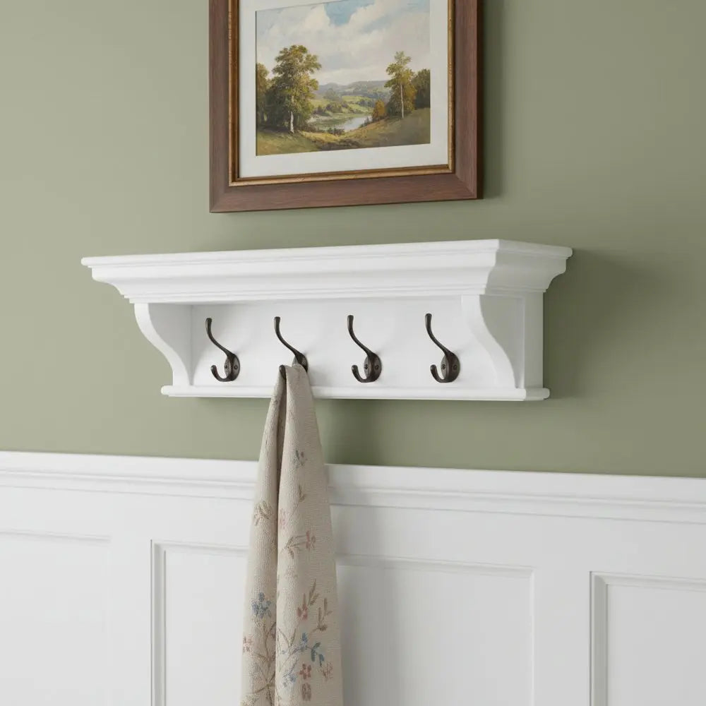 Classic White Wood Wide Four Hook Hanging Coat Rack - NOBLE HOME INTERIORS
