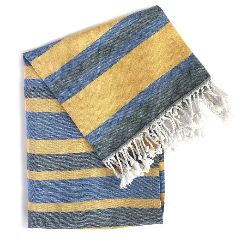 Denim Blue and Yellow Striped Turkish Towel Beach Blanket - NOBLE HOME INTERIORS
