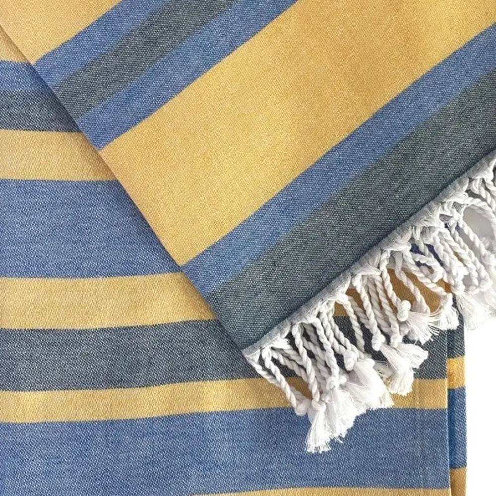 Denim Blue and Yellow Striped Turkish Towel Beach Blanket - NOBLE HOME INTERIORS