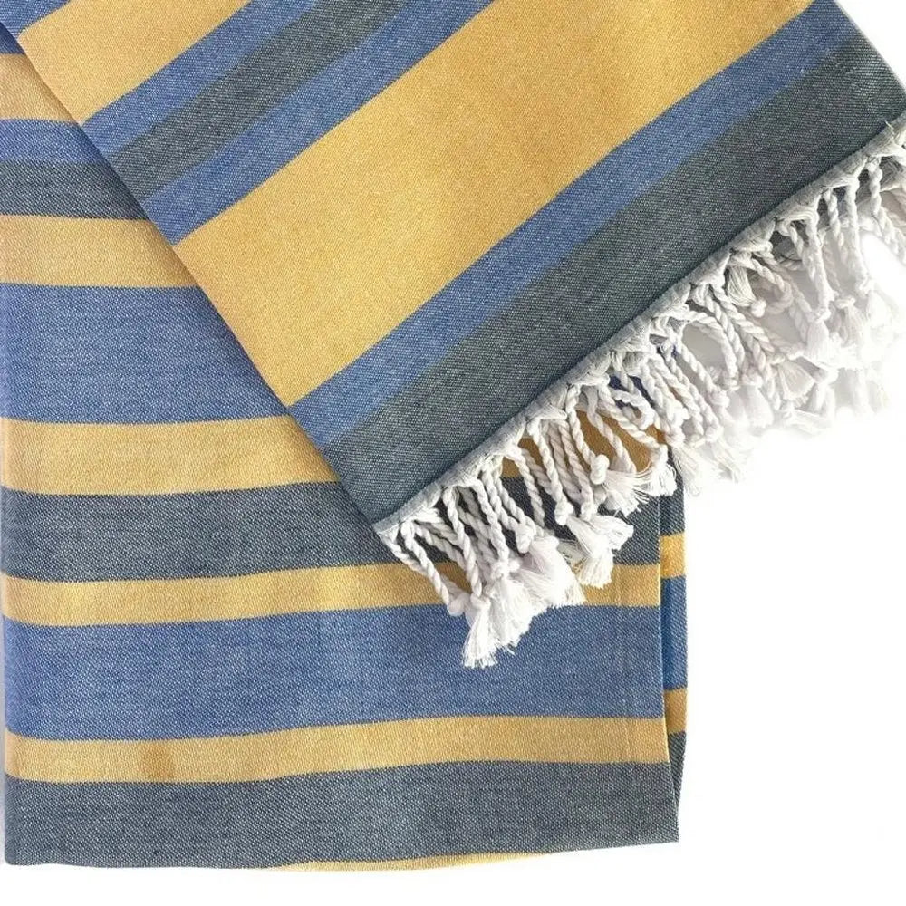 Denim Blue and Yellow Striped Turkish Towel Beach Blanket - NOBLE HOME INTERIORS