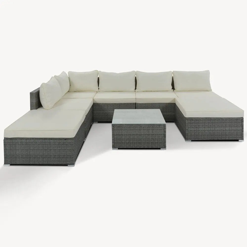 Eight Piece Gray and Beige Wicker Upholstered Cushions Sectional Seating Group With Table - NOBLE HOME INTERIORS