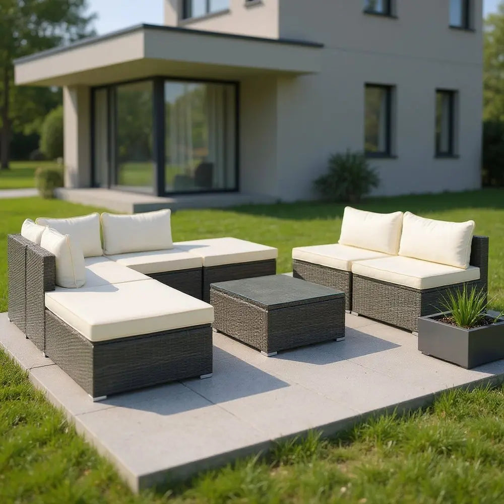 Eight Piece Gray and Beige Wicker Upholstered Cushions Sectional Seating Group With Table - NOBLE HOME INTERIORS