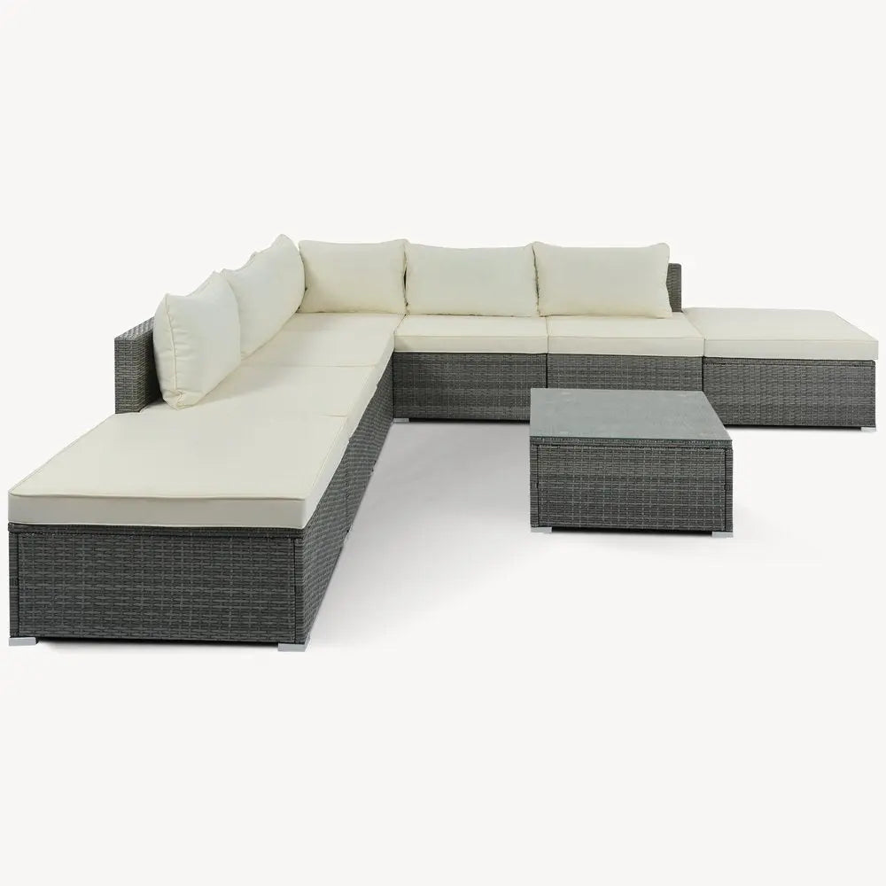 Eight Piece Gray and Beige Wicker Upholstered Cushions Sectional Seating Group With Table - NOBLE HOME INTERIORS