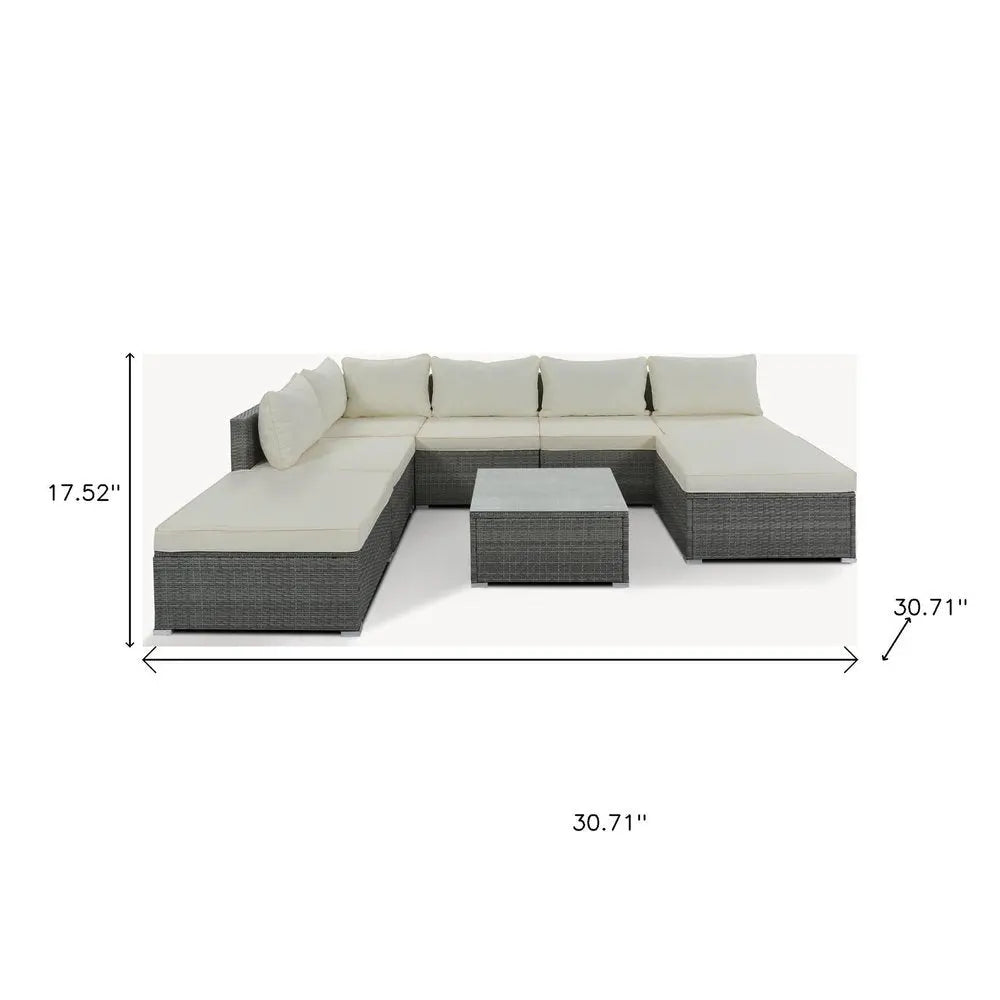 Eight Piece Gray and Beige Wicker Upholstered Cushions Sectional Seating Group With Table - NOBLE HOME INTERIORS