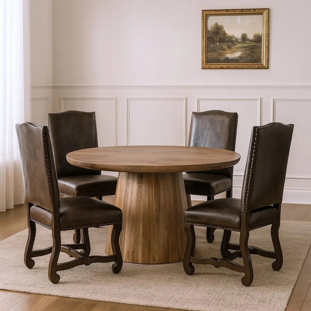 Five Piece Brown Round Solid Wood Dining Set with Four Chairs - NOVA HOME FURNITURE