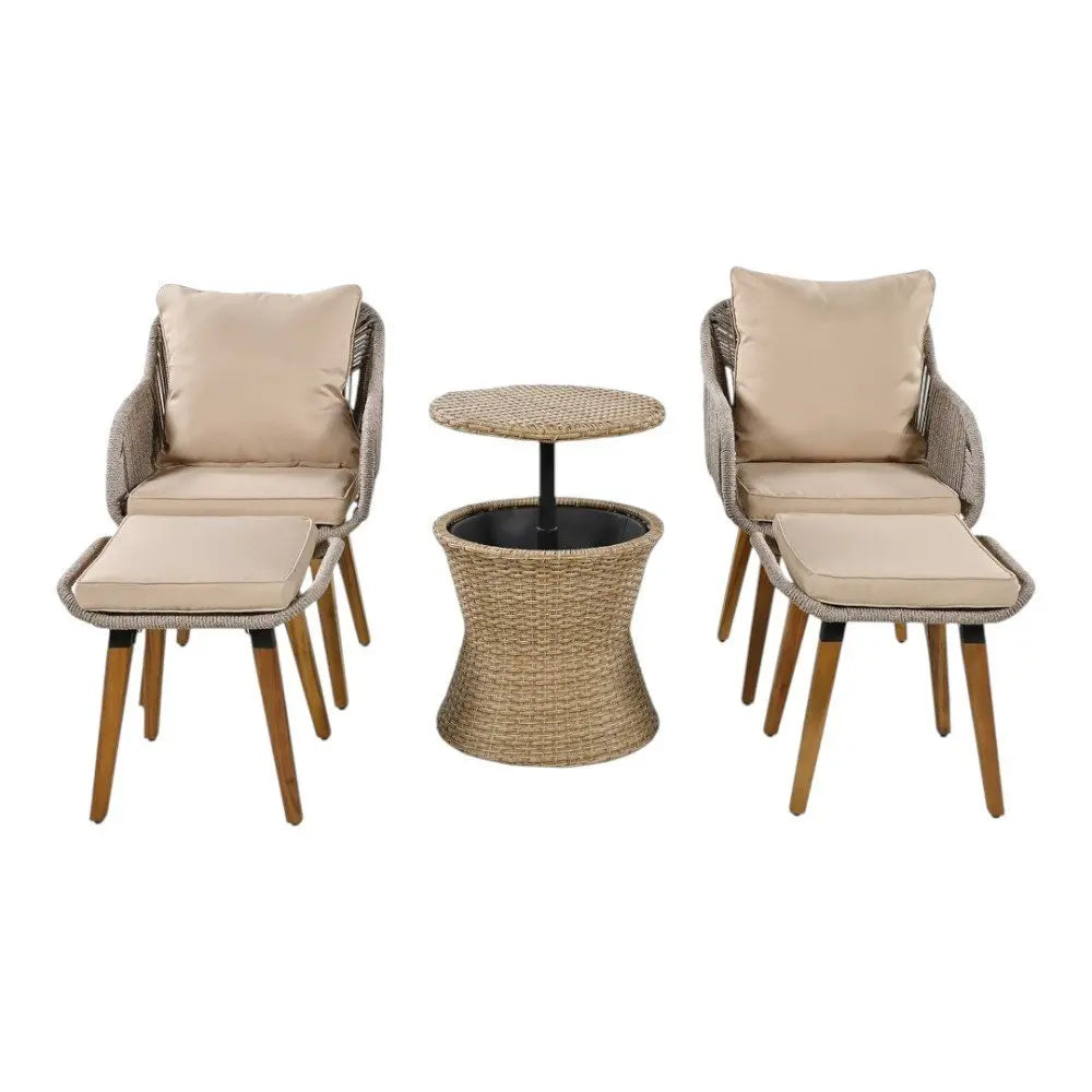 Five Piece Light Gray and Tan Wicker Upholstered Cushions Two Person Seating Group With Table - NOBLE HOME INTERIORS