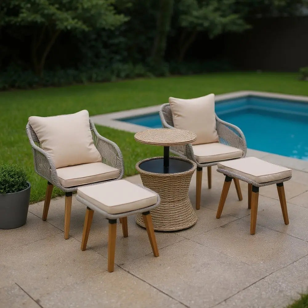 Five Piece Light Gray and Tan Wicker Upholstered Cushions Two Person Seating Group With Table - NOBLE HOME INTERIORS