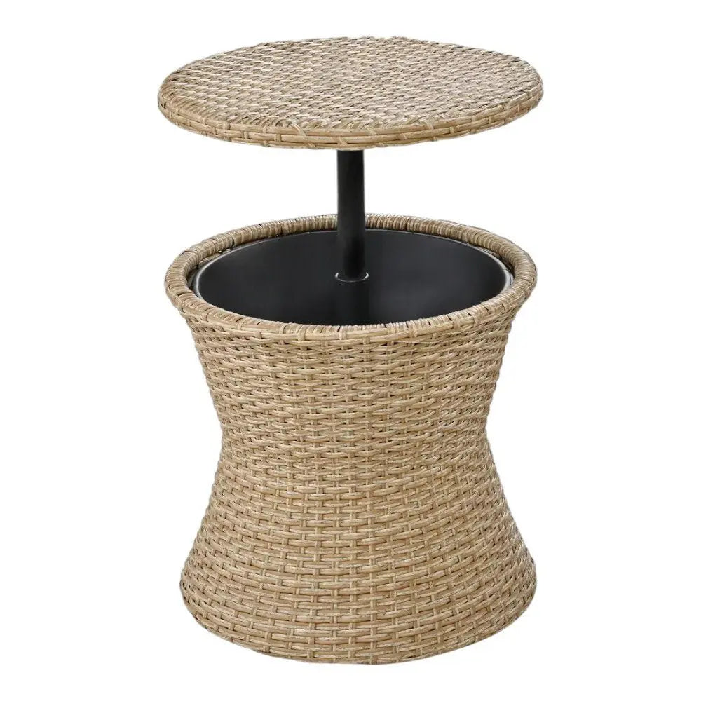 Five Piece Light Gray and Tan Wicker Upholstered Cushions Two Person Seating Group With Table - NOBLE HOME INTERIORS