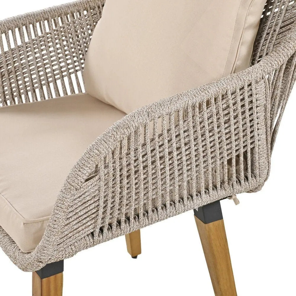 Five Piece Light Gray and Tan Wicker Upholstered Cushions Two Person Seating Group With Table - NOBLE HOME INTERIORS