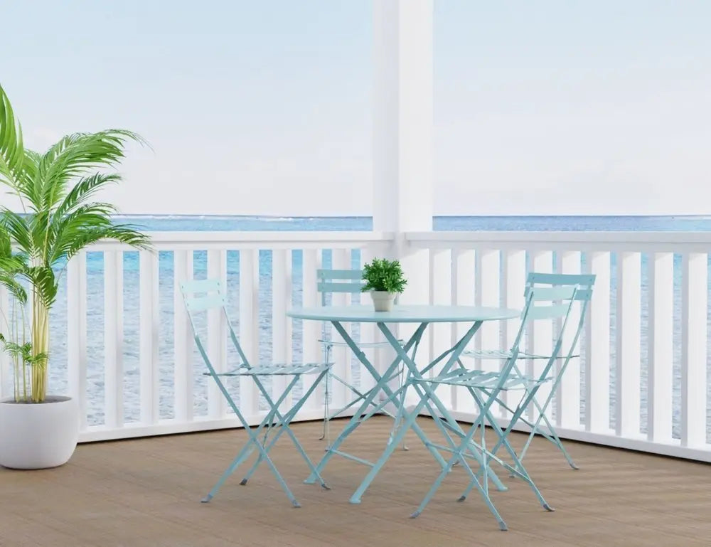 Five Piece Teal Blue Round Metal Dining Set with Four Chairs - NOBLE HOME INTERIORS