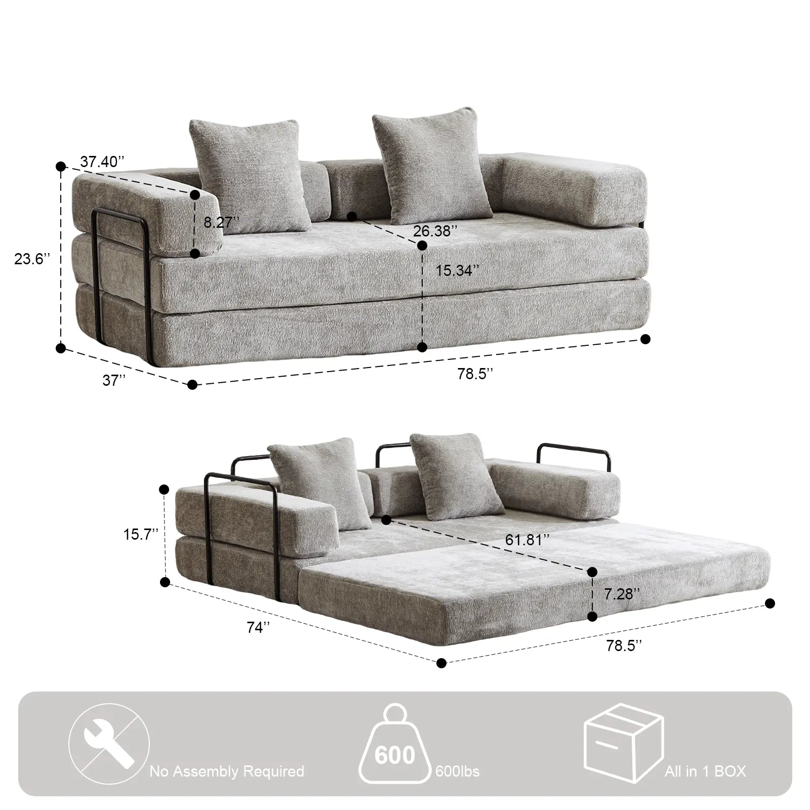 Floor Couch,Compression Sofa,Convertible Floor Sofa Bed - with Pillow Back Support Armrest,Comfy Futon Couch Lounge Sleeper Bed,Flannel fabric - NOVA - HOME - FURNITURE