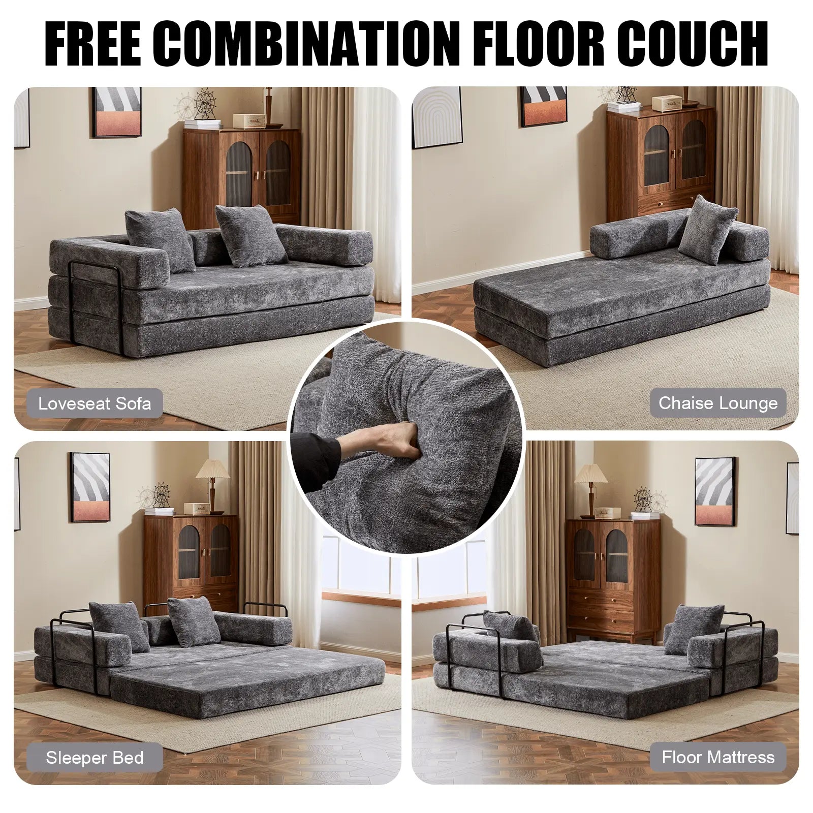 Floor Couch,Compression Sofa,Convertible Floor Sofa Bed - with Pillow Back Support Armrest,Comfy Futon Couch Lounge Sleeper Bed,Flannel fabric - NOVA - HOME - FURNITURE