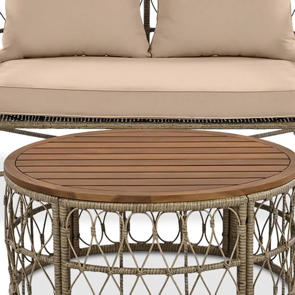 Four Piece Beige and Tan Wicker Upholstered Cushions Sofa Seating Group With Table - NOBLE HOME INTERIORS