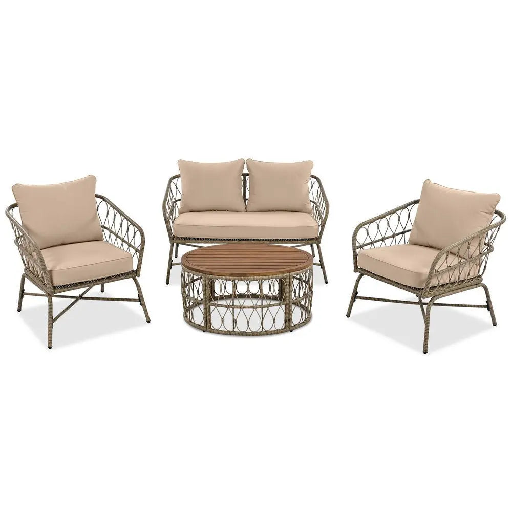 Four Piece Beige and Tan Wicker Upholstered Cushions Sofa Seating Group With Table - NOBLE HOME INTERIORS