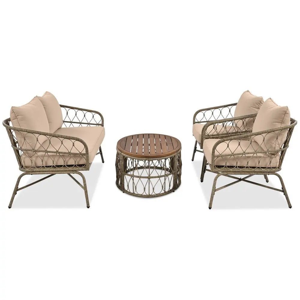 Four Piece Beige and Tan Wicker Upholstered Cushions Sofa Seating Group With Table - NOBLE HOME INTERIORS