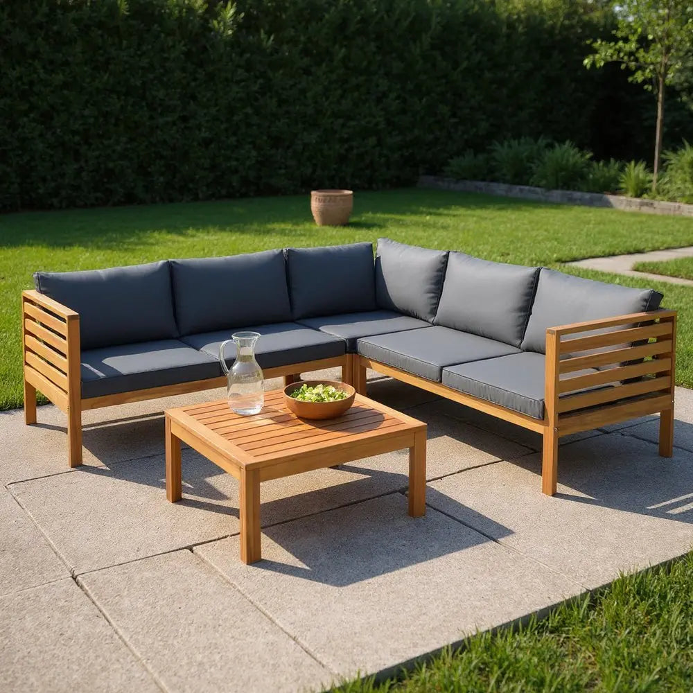 Four Piece Brown and Gray Solid Wood Upholstered Cushions Sofa Seating Group With Table - NOBLE HOME INTERIORS