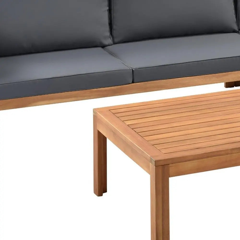 Four Piece Brown and Gray Solid Wood Upholstered Cushions Sofa Seating Group With Table - NOBLE HOME INTERIORS