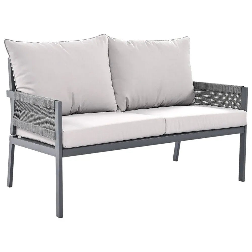 Four Piece Gray Metal Upholstered Cushions Sofa Seating Group With Table - NOBLE HOME INTERIORS