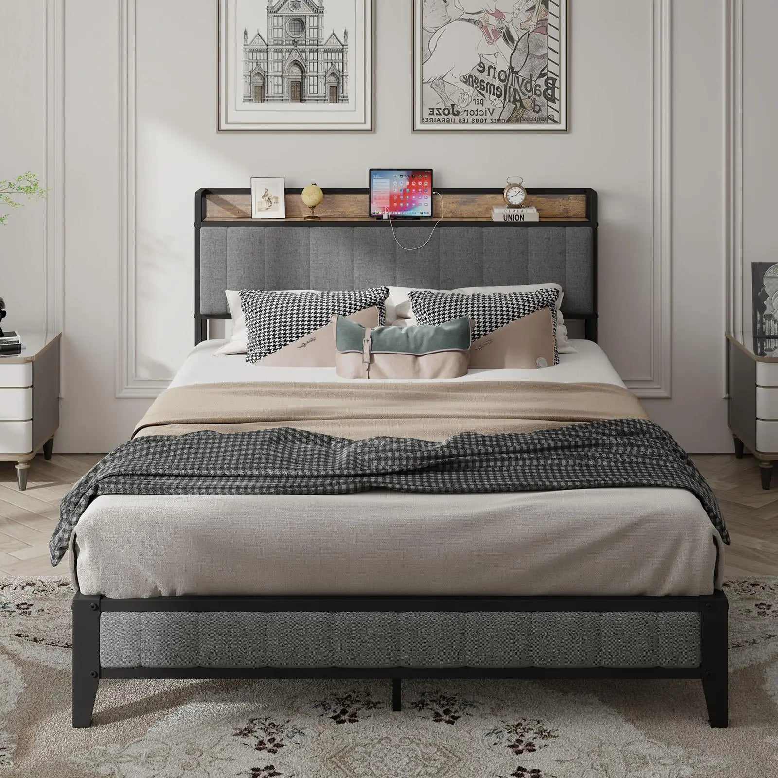 Full - Size，Full metal bed frame with charging headboard. - NOVA - HOME - FURNITURE