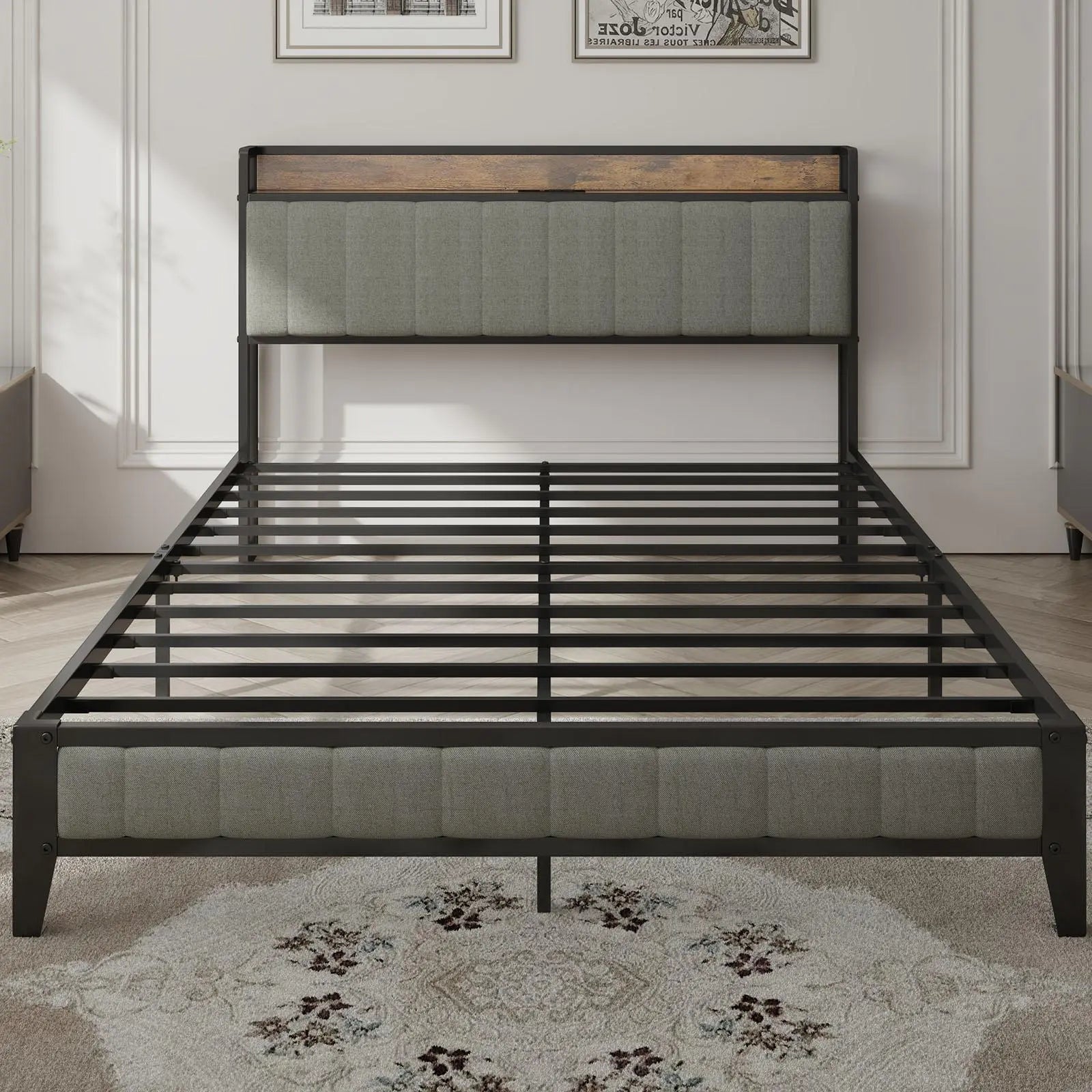 Full - Size，Full metal bed frame with charging headboard. - NOVA - HOME - FURNITURE