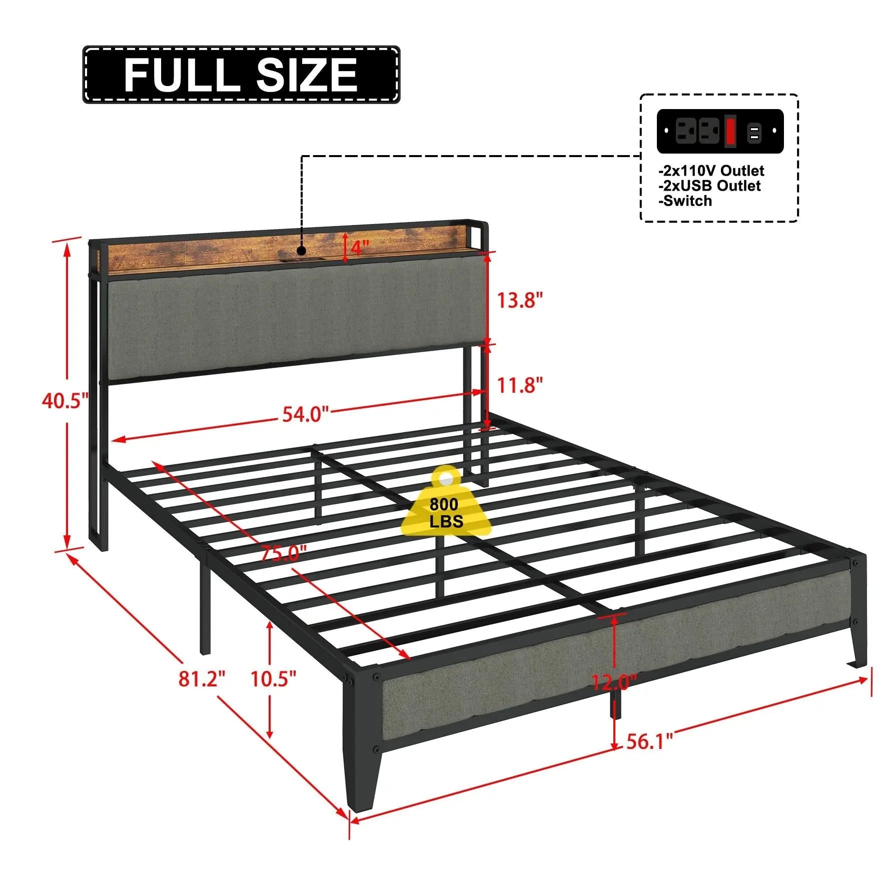 Full - Size，Full metal bed frame with charging headboard. - NOVA - HOME - FURNITURE