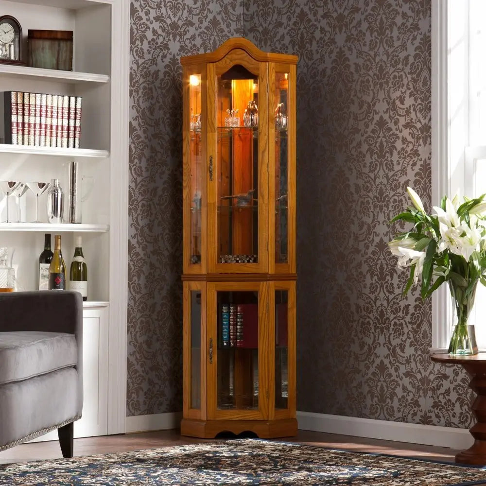 Golden Oak Scallop Top Lighted Corner Curio Cabinet - NOVA HOME FURNITURE