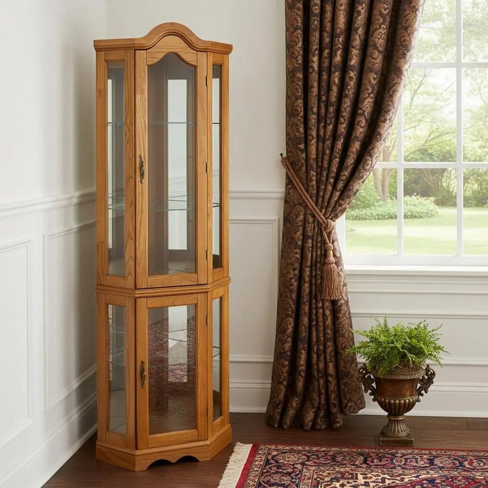 Golden Oak Scallop Top Lighted Corner Curio Cabinet - NOVA HOME FURNITURE