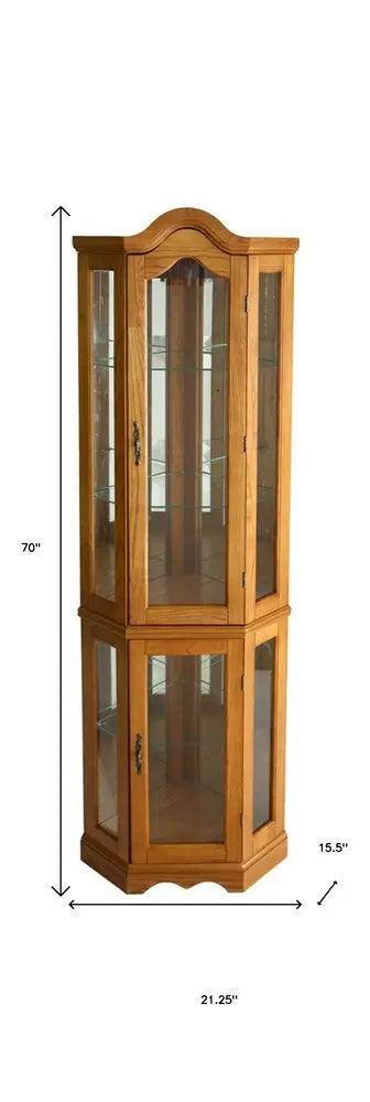 Golden Oak Scallop Top Lighted Corner Curio Cabinet - NOVA HOME FURNITURE