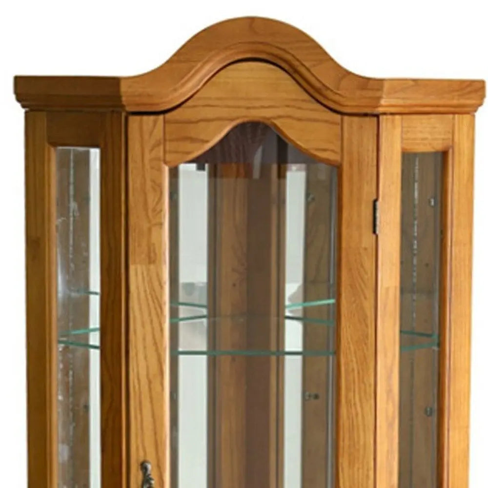 Golden Oak Scallop Top Lighted Corner Curio Cabinet - NOVA HOME FURNITURE