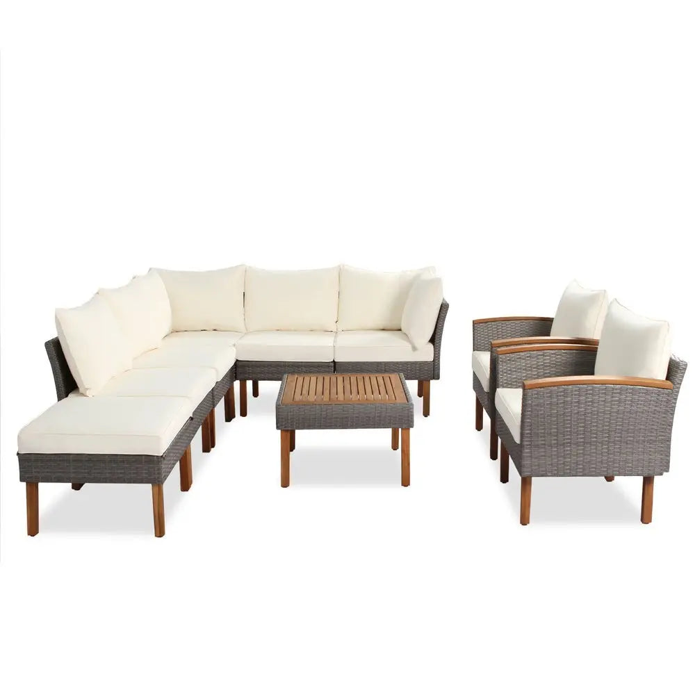 Nine Piece Gray and Beige Rattan Upholstered Cushions Sectional Seating Group With Table - NOBLE HOME INTERIORS