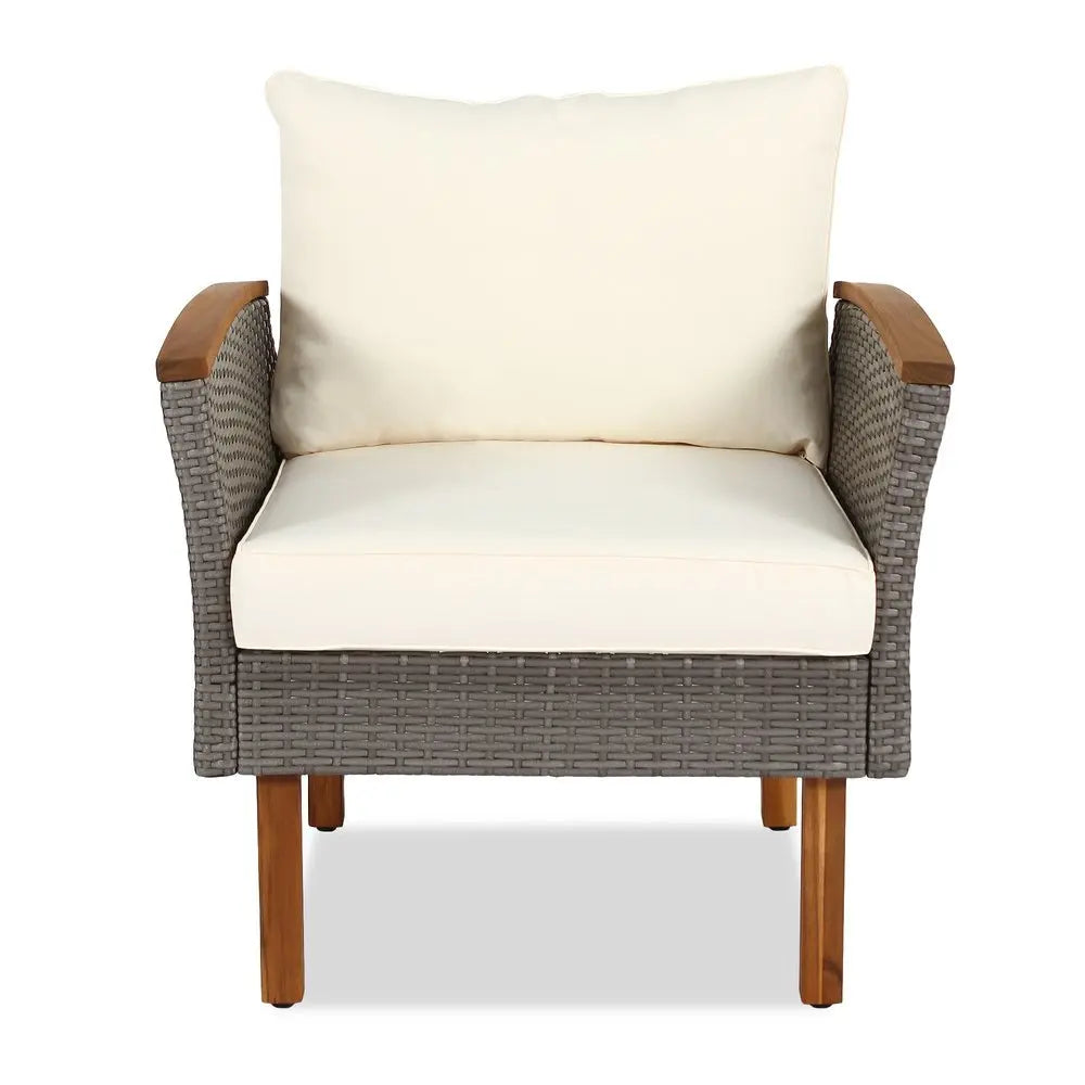 Nine Piece Gray and Beige Rattan Upholstered Cushions Sectional Seating Group With Table - NOBLE HOME INTERIORS